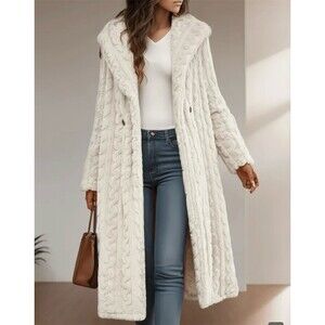 Womens Teddy Coat 2XL Ivory Cream Hooded Plush Jacket